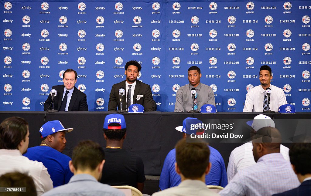 Jahlil Okafor, Richaun Holmes and J.P. Tokoto attend a press conference after being selected by the Philadelphia 76ers in the 2015 NBA draft