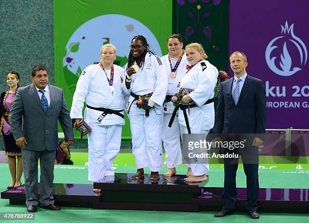 Silver medalist German Jasmin Kuelbs , gold medalist Emilie Andeol , bronze medalist Belkis Kaya , pose in Woman's +78kg Judo during Baku 2015...