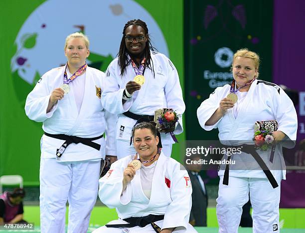 Silver medalist German Jasmin Kuelbs , gold medalist Emilie Andeol , bronze medalist Belkis Kaya , pose in Woman's +78kg Judo during Baku 2015...