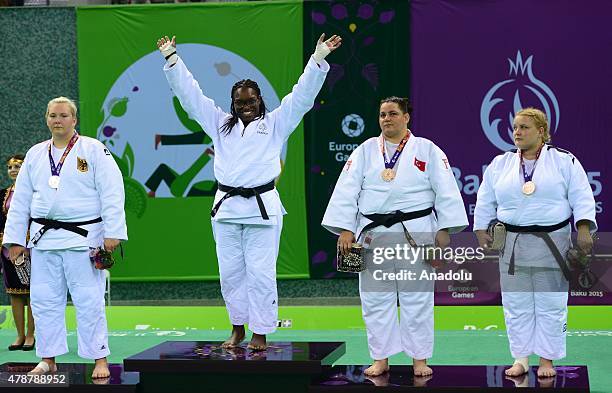 Silver medalist German Jasmin Kuelbs , gold medalist Emilie Andeol , bronze medalist Belkis Kaya , pose in Woman's +78kg Judo during Baku 2015...