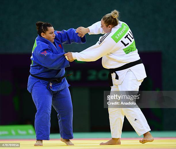 Belkis Kaya and Santa Pakenyte compete in Woman's +78kg Judo during Baku 2015 European Games at Heydar Aliyev Arena in Baku, Azerbaijan, on June 27,...
