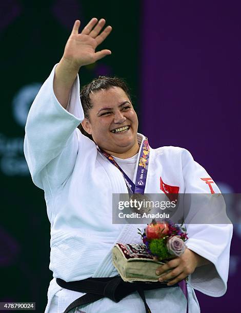 Belkis Kaya of Turkey poses with bronze medal in Woman's +78kg Judo during Baku 2015 European Games at Heydar Aliyev Arena in Baku, Azerbaijan, on...