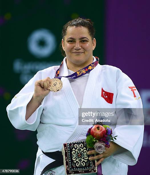 Belkis Kaya of Turkey poses with bronze medal in Woman's +78kg Judo during Baku 2015 European Games at Heydar Aliyev Arena in Baku, Azerbaijan, on...