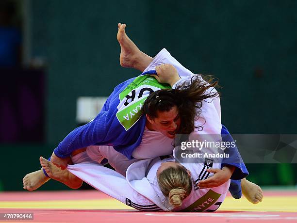 Belkis Kaya and Santa Pakenyte compete in Woman's +78kg Judo during Baku 2015 European Games at Heydar Aliyev Arena in Baku, Azerbaijan, on June 27,...