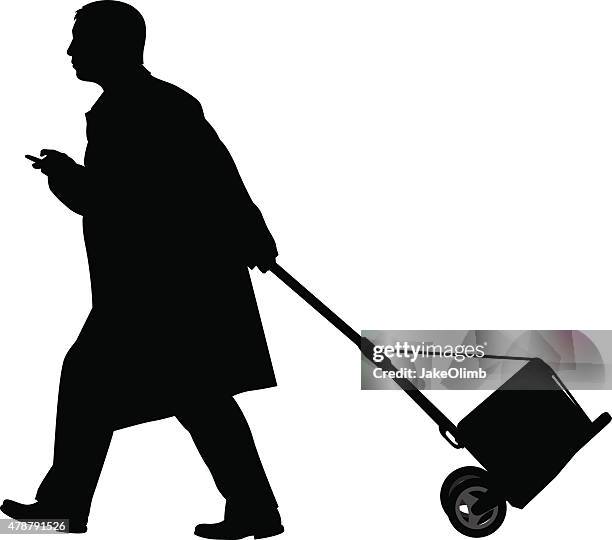 man in jacket pulling cart silhouette - man pulling wagon stock illustrations