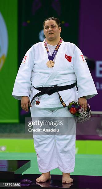 Belkis Kaya of Turkey poses with bronze medal in Woman's +78kg Judo during Baku 2015 European Games at Heydar Aliyev Arena in Baku, Azerbaijan, on...