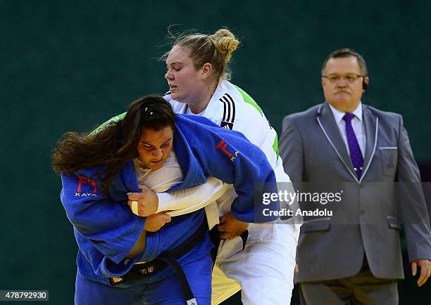 Belkis Kaya and Santa Pakenyte compete in Woman's +78kg Judo during Baku 2015 European Games at Heydar Aliyev Arena in Baku, Azerbaijan, on June 27,...