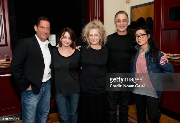 Eugene Pack, Rachel Dratch, Carol Kane, Tony Danza and Janeane Garofalo pose backstage at the March 2014 Celebrity Autobiography show at Stage 72 on...