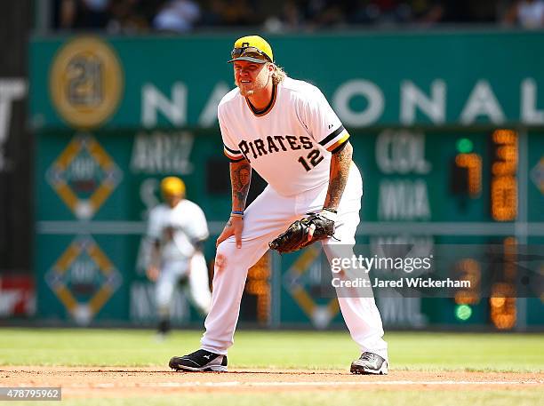 Corey Hart of the Pittsburgh Pirates in action against the Philadelphia Phillies during the game at PNC Park on June 14, 2015 in Pittsburgh,...