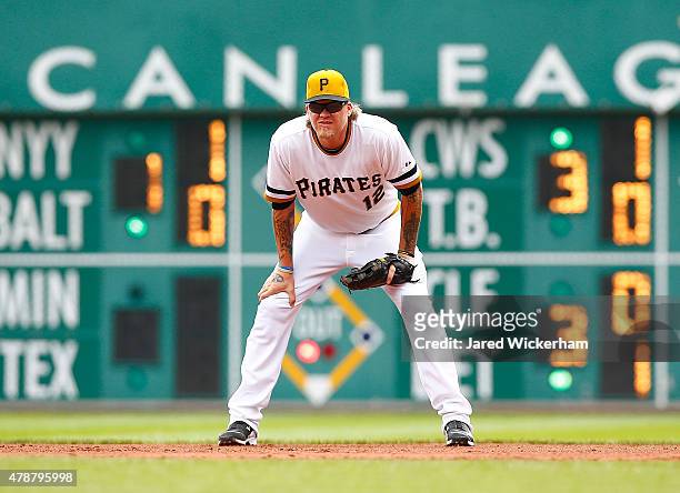 Corey Hart of the Pittsburgh Pirates in action against the Philadelphia Phillies during the game at PNC Park on June 14, 2015 in Pittsburgh,...