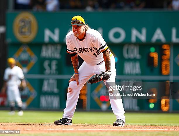 Corey Hart of the Pittsburgh Pirates in action against the Philadelphia Phillies during the game at PNC Park on June 14, 2015 in Pittsburgh,...