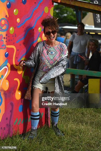 In this handout image supplied by Wildfox, Jaime Winstone attends wearing Wildfox at the Glastonbury Festival at Worthy Farm, Pilton on June 27, 2015...