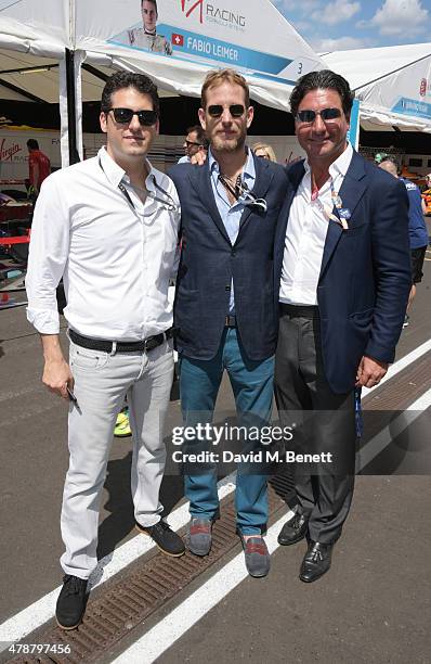 Guest, Andrea Casiraghi and Giorgio Veroni attend Day One at the 2015 FIA Formula E Visa London ePrix at Battersea Park on June 27, 2015 in London,...