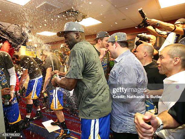 The Golden State Warriors react in the locker room after the Golden State Warriors win Game Six of the 2015 NBA Finals against the Cleveland...