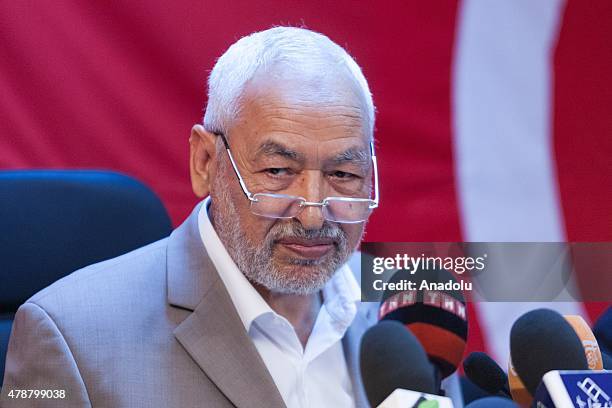 Leader of the Ennahda Movement Rashid al-Ghannushi holds a press conference, in Tunis, Tunisia, on June 27, 2015.