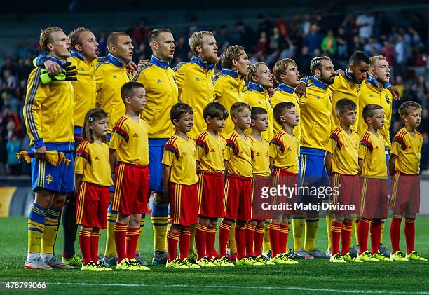 Players of Sweden line-up before UEFA U21 European Championship semi final match between Denmark and Sweden at Generali Arena on June 27, 2015 in...