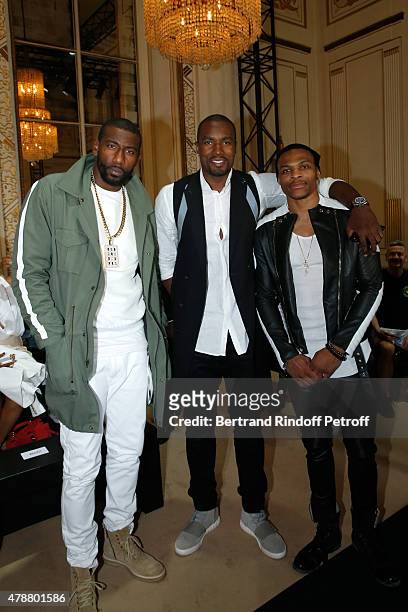Basketball players, Amar'e Stoudemire, Serge Ibaka and Russell Westbrook attend the Balmain Menswear Spring/Summer 2016 show as part of Paris Fashion...