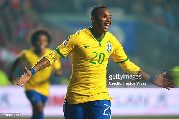 Robinho of Brazil celebrates after scoring the opening goal during the 2015 Copa America Chile quarter final match between Brazil and Paraguay at...