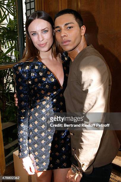Actress Jessica McNamee and Fashion Designer Olivier Rousteing pose Backstage after the Balmain Menswear Spring/Summer 2016 show as part of Paris...