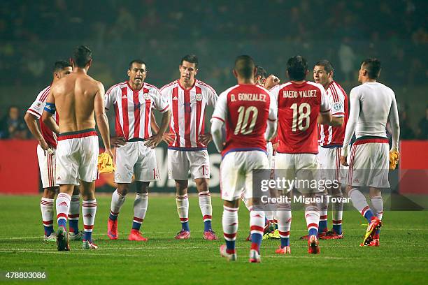 Players of Paraguay leave the field at the end of the first half during the 2015 Copa America Chile quarter final match between Brazil and Paraguay...