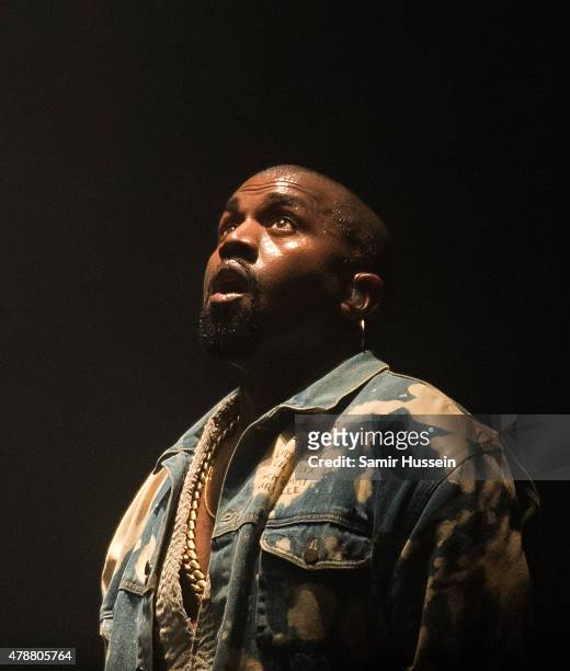 Kanye West performs at the Glastonbury Festival at Worthy Farm, Pilton on June 27, 2015 in Glastonbury, England.