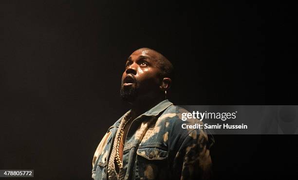 Kanye West performs at the Glastonbury Festival at Worthy Farm, Pilton on June 27, 2015 in Glastonbury, England.