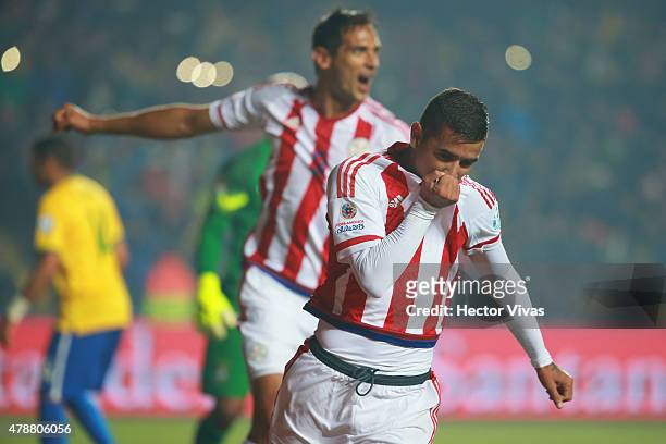 Derlis Gonzalez of Paraguay celebrates after scoring the first goal of his team through a penalty kick during the 2015 Copa America Chile quarter...