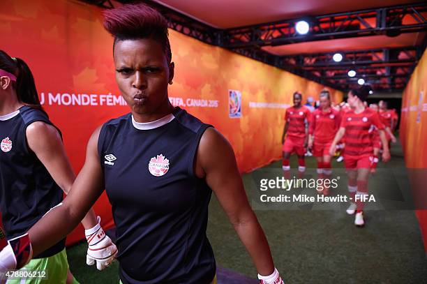 Karina LeBlanc of Canada leads Canada out ahead of the FIFA Women's World Cup 2015 Quarter Final match between England and Canada at BC Place Stadium...