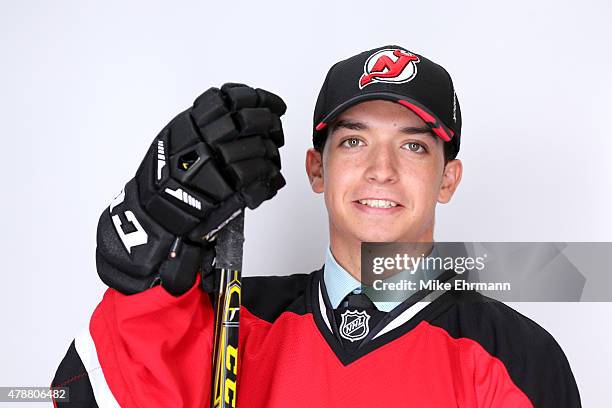 Brett Seney poses for a portrait after being selected 157th by the New Jersey Devils during the 2015 NHL Draft at BB&T Center on June 27, 2015 in...