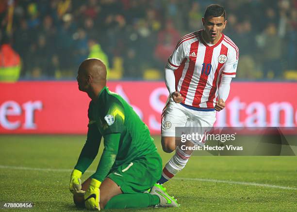 Derlis Gonzalez of Paraguay celebrates after scoring the first goal of his team through a penalty kick during the 2015 Copa America Chile quarter...