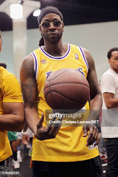 Rapper 2 Chainz participates in the Sprite celebrity basketball game during the 2015 BET Experience at the Los Angeles Convention Center on June 27,...