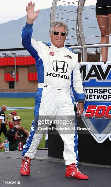 Race car driver Mario Andretti attends the Indy Car MAVTV 500 race at the Auto Club Speedway on June 27, 2015 in Fontana, California.