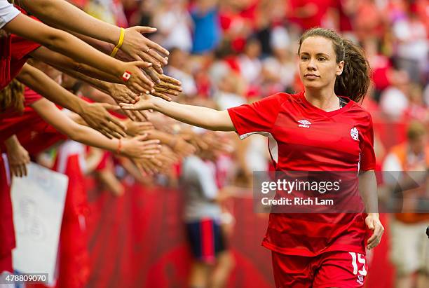 Allysha Chapman of Canada is greeted by fans after the team warm-up prior to the start of the FIFA Women's World Cup Canada 2015 Quarter Final match...