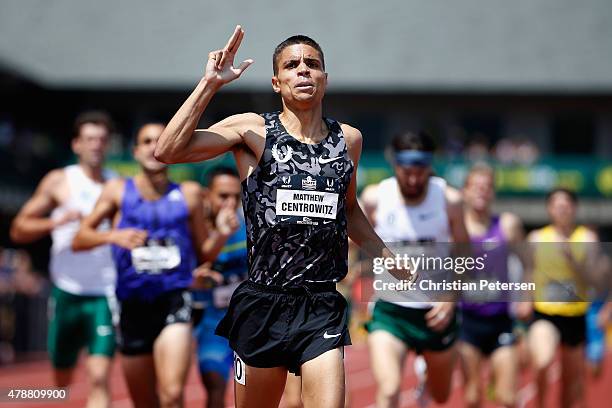 Matthew Centrowitz celebrates after winning the Men's 1,500 Meter Run final during day three of the 2015 USA Outdoor Track & Field Championships at...