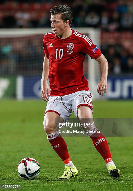 Pierre Hojbjerg of Denmark in action during UEFA U21 European Championship semi final match between Denmark and Sweden at Generali Arena on June 27,...