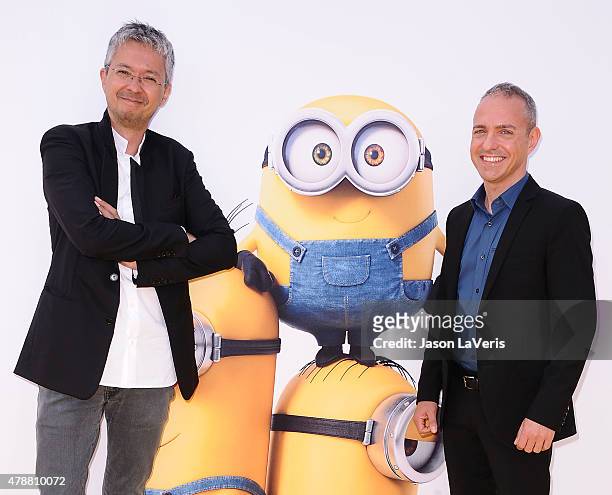 Directors Pierre Coffin and Kyle Balda attend the premiere of "Minions" at The Shrine Auditorium on June 27, 2015 in Los Angeles, California.