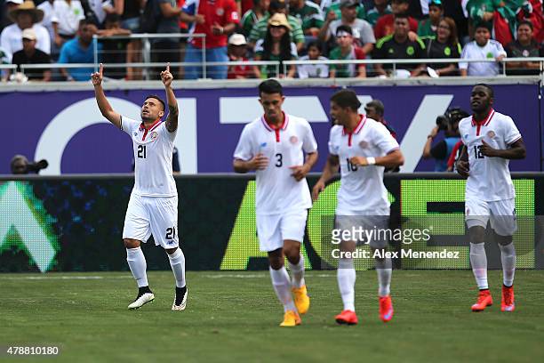Marco Urena of Costa Rica celebrates a goal during an international friendly soccer match between Mexico and Costa Rica at the Orlando Citrus Bowl on...