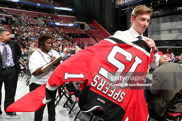 Blake Speers reacts after being selected 67th by the New Jersey Devils during the 2015 NHL Draft at BB&T Center on June 27, 2015 in Sunrise, Florida.