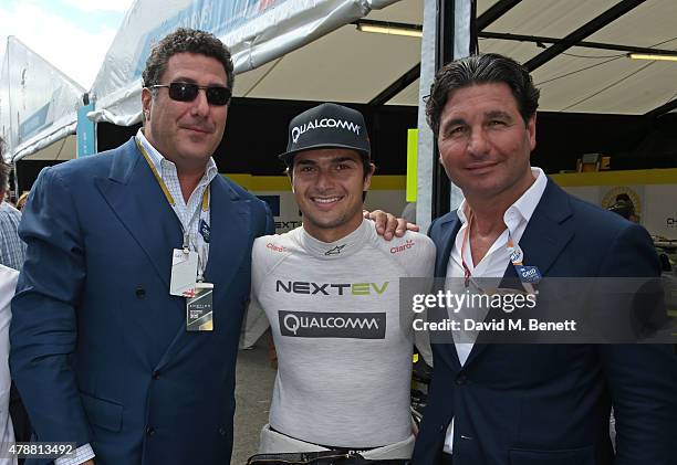 Eduardo Teodorani-Fabbri, Nelson Piquet Junior and Giorgio Veroni attend Day One at the 2015 FIA Formula E Visa London ePrix at Battersea Park on...