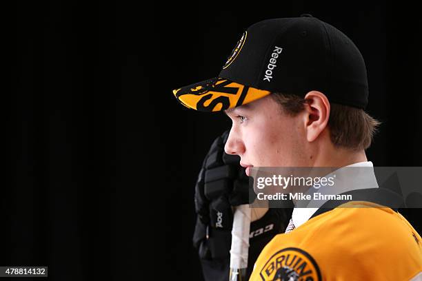Jakob Forsbacka-Karlsson poses after being selected 45th overall by the Boston Bruins during the 2015 NHL Draft at BB&T Center on June 27, 2015 in...