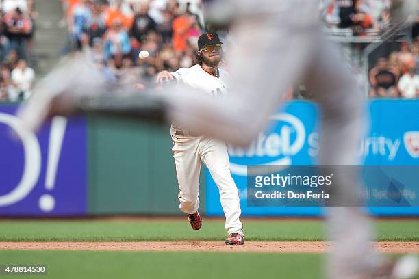Brandon Belt of the San Francisco Giants throws to first base for the game-ending out in the top of the ninth inning against the Colorado Rockies at...