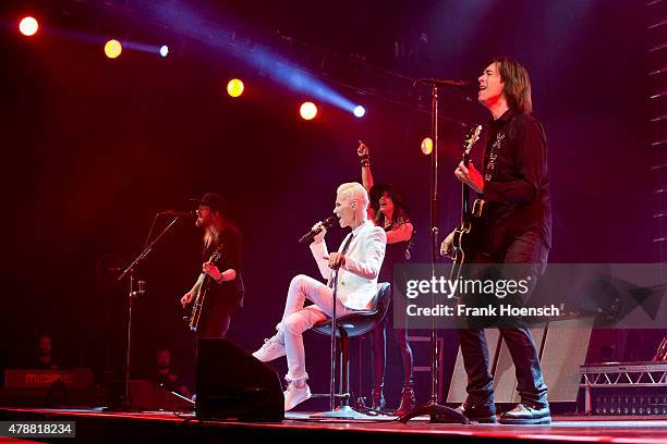 Marie Fredriksson and Per Gessle of the Swedish band Roxette perform live during a concert at the O2 World on June 27, 2015 in Berlin, Germany.