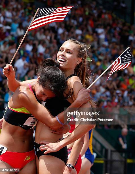 Colleen Quigley and Stephanie Garcia celebrate together after winning in the Women's 3,000 Meter Steeplechase final during day three of the 2015 USA...