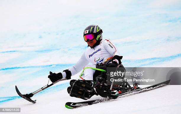 Taiki Morii of Japan competes in the Men's Giant Slalom Sitting during day eight of the Sochi 2014 Paralympic Winter Games at Rosa Khutor Alpine...