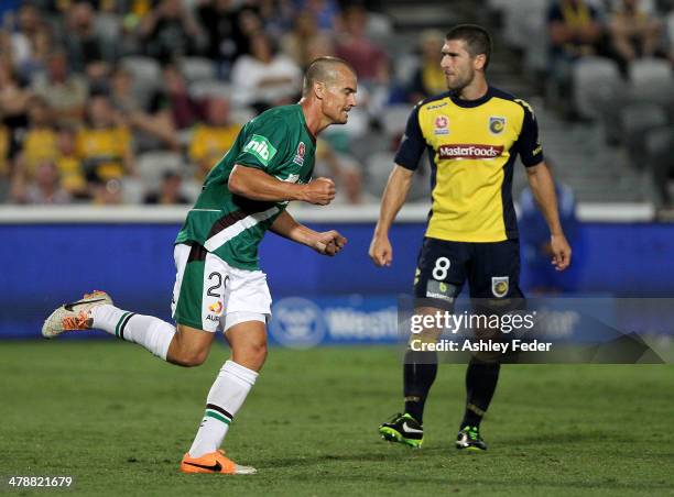 Joel Griffiths of the Jets celebrates a goal during the round 23 A-League match between the Central Coast Mariners and the Newcastle Jets at...