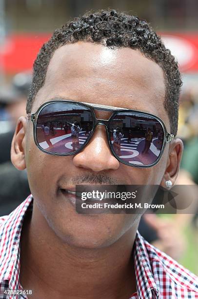 Singer Gavyn Rhone attends the Indy Car MAVTV 500 race at the Auto Club Speedway on June 27, 2015 in Fontana, California.