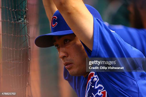 Tsuyoshi Wada of the Chicago Cubs looks on from the dugout in the sixth inning against the St. Louis Cardinals at Busch Stadium on June 27, 2015 in...