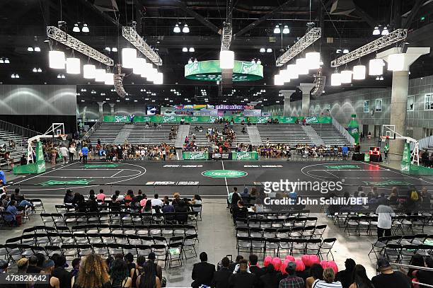 View of the basketball court at the dance competition sponsored by King.com during the 2015 BET Experience at the Los Angeles Convention Center on...