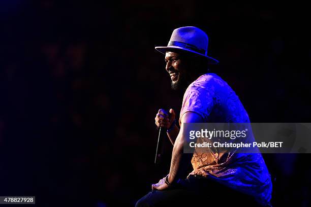 Hip hop artist Schoolboy Q performs onstage during the Ice Cube, Kendrick Lamar, Snoop Dogg, Schoolboy Q, Ab-Soul, Jay Rock concert at Staples Center...