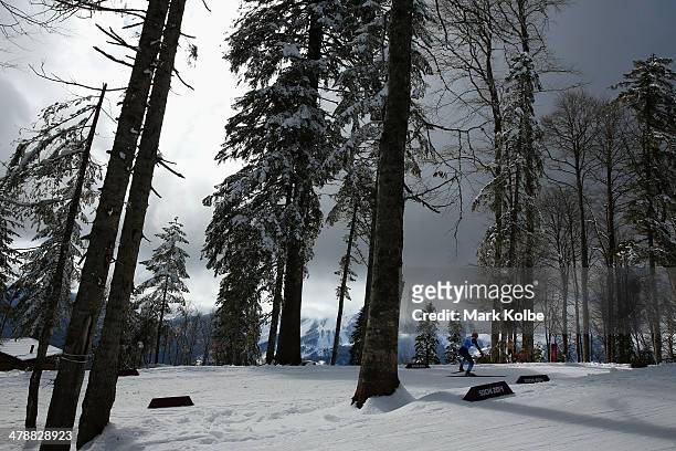 General view is seen of the 4 x 2.5km Open Relay cross-country on day eight of the Sochi 2014 Paralympic Winter Games at Laura Cross-country Ski &...